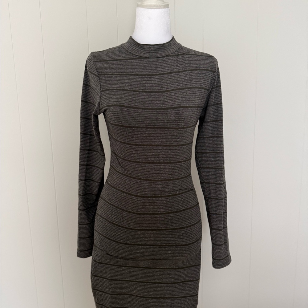 Cotton On Charcoal Stripe Ribbed Long Sleeve Midi Dress